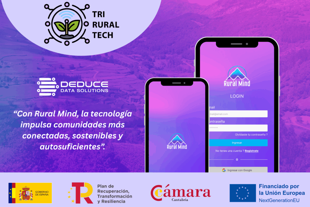 Infografía que explica las tres funciones principales de la app Rural Mind: Consulta Inteligente (acceder a información local y trámites con IA), Marketplace Local (encontrar productos y servicios de la comunidad) y Comunidad Activa (compartir experiencias y colaborar).