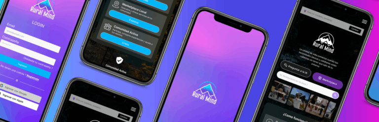 Banner con varias pantallas de la app Rural Mind, mostrando la interfaz de login, el Marketplace Local, la Comunidad Activa y el asistente de inteligencia artificial.