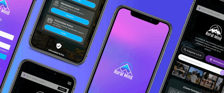 Portdaa moviles de Rural Mind Banner con varias pantallas de la app Rural Mind, mostrando la interfaz de login, el Marketplace Local, la Comunidad Activa y el asistente de inteligencia artificial.