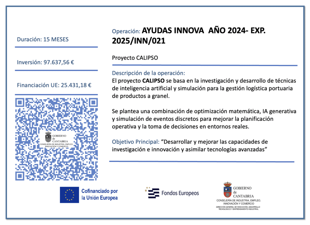 Imagen informativa del proyecto CALIPSO de Deduce Data Solutions, dentro de la convocatoria AYUDAS INNOVA 2024. Se muestra la duración de 15 meses, una inversión de 97.637,56 euros y una financiación europea de 25.431,18 euros. Incluye un código QR, los logotipos del Gobierno de Cantabria y de los Fondos Europeos, y una descripción del proyecto, enfocado en técnicas de inteligencia artificial, optimización matemática y simulación para la gestión logística portuaria de productos a granel.