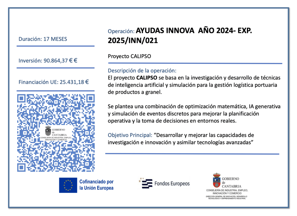 Imagen informativa del proyecto CALIPSO de Deduce Data Solutions, dentro de la convocatoria AYUDAS INNOVA 2024. Se muestra la duración de 15 meses, una inversión de 97.637,56 euros y una financiación europea de 25.431,18 euros. Incluye un código QR, los logotipos del Gobierno de Cantabria y de los Fondos Europeos, y una descripción del proyecto, enfocado en técnicas de inteligencia artificial, optimización matemática y simulación para la gestión logística portuaria de productos a granel.