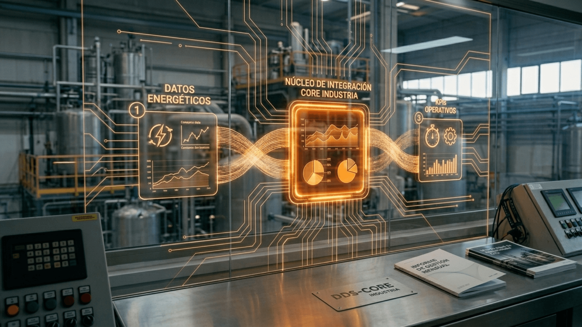 Sala de control industrial con técnicos monitorizando el consumo energético en tiempo real, ejemplo de eficiencia energética industrial gestionada por turno con datos en planta