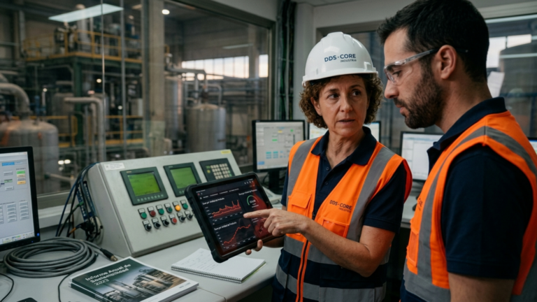 Dos ingenieros industriales en una planta de producción revisando gráficos de consumo energético y margen operativo en una tablet digital.