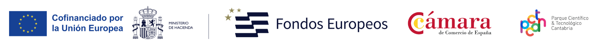 Línea de logos FEDER, Gobierno de Cantabria, Cámara de Comercio de Cantabria y PCTCAN — patrocinadores del evento IA en Industria