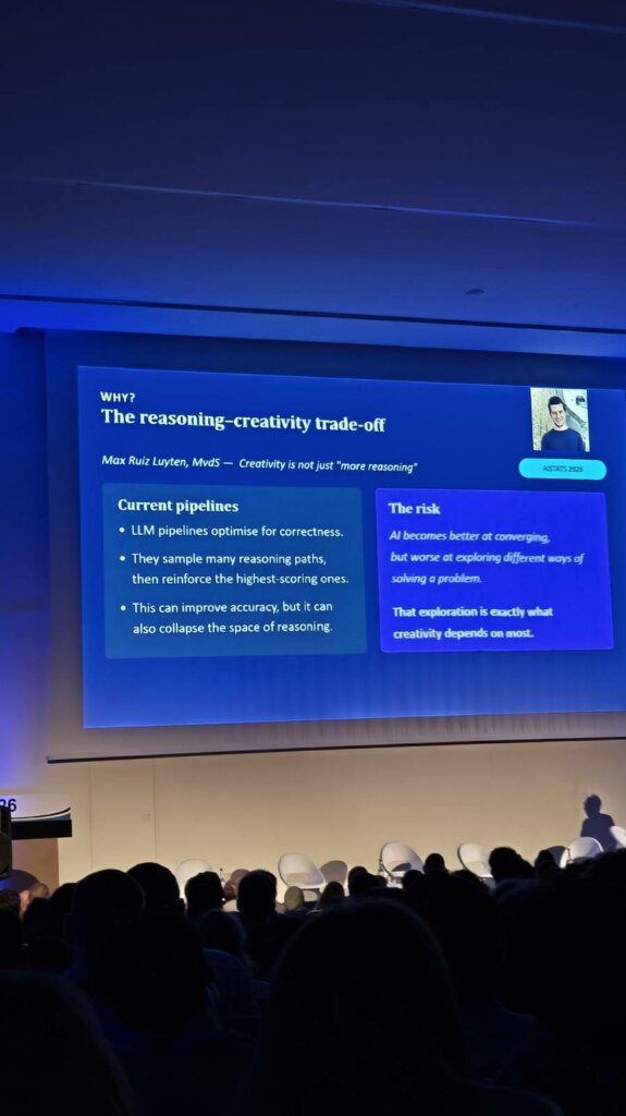Diapositiva «The reasoning-creativity trade-off» proyectada en una sesión plenaria de ECML PKDD 2026