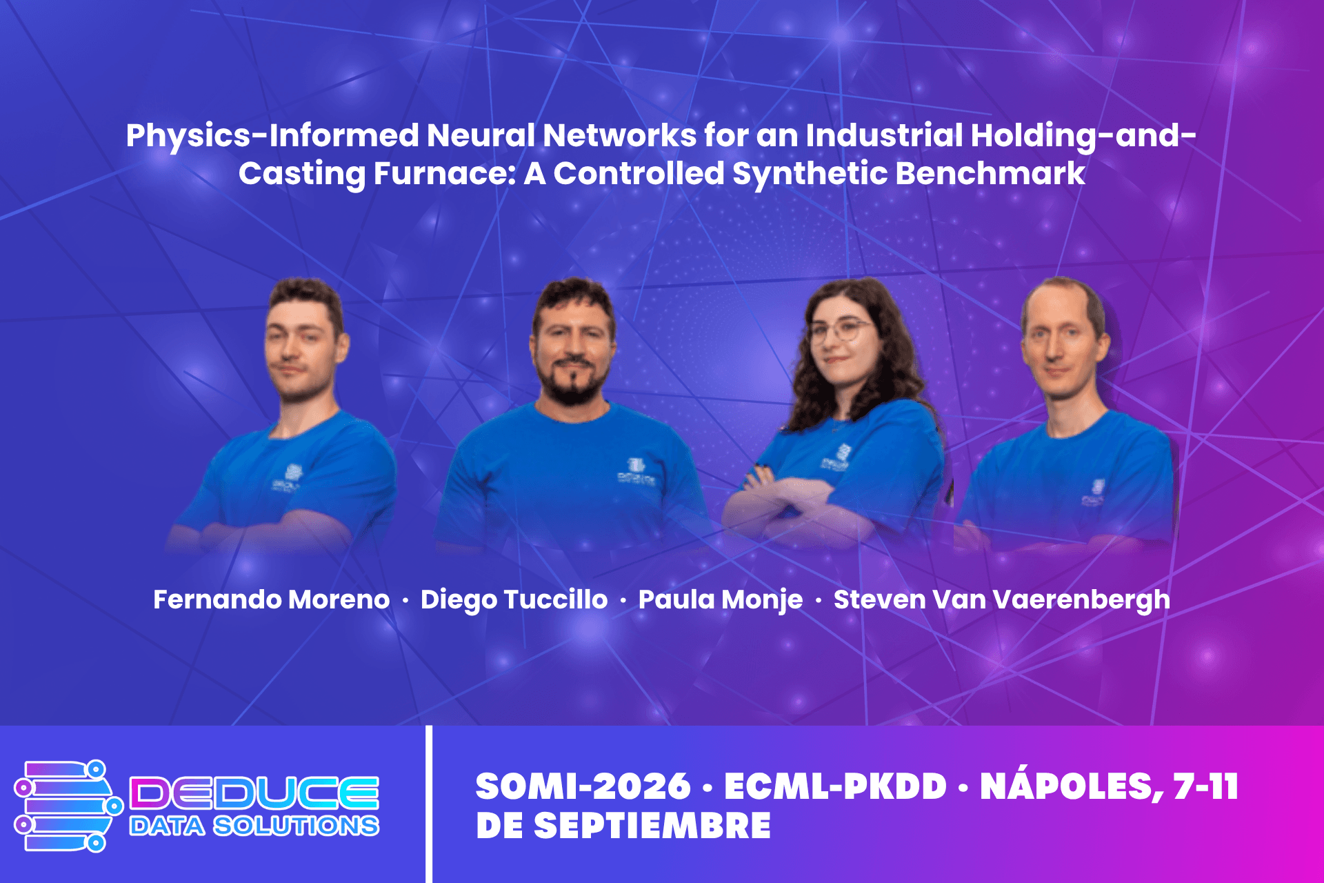 Fernando Moreno, Diego Tuccillo, Paula Monje y Steven Van Vaerenbergh, autores del póster de Deduce Data Solutions presentado en SOMI-2026, ECML PKDD 2026