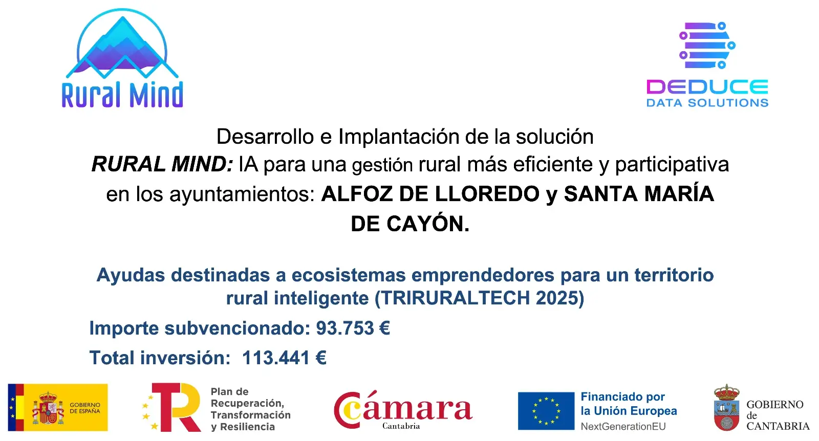 Cartel de Rural Mind: desarrollo e implantación en los ayuntamientos de Alfoz de Lloredo y Santa María de Cayón, ayuda TRIRURALTECH 2025, importe subvencionado 93.753 euros, inversión total 113.441 euros